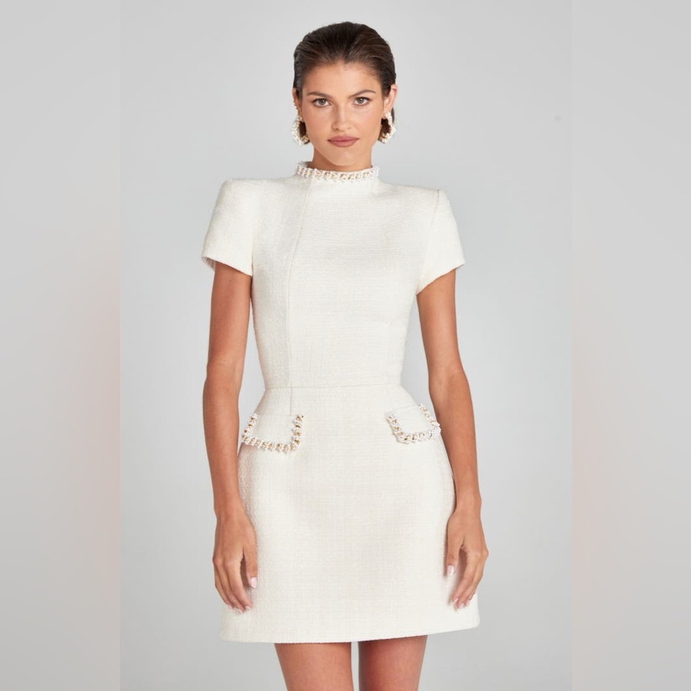 NADINE MERABI Simone Embellished Trim Shimmer Tweed Minidress Cream Large NWT